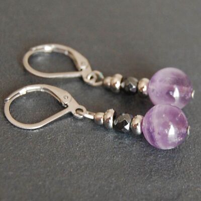 Ohrringe aus Edelstahl, Amethyst und Hämatit