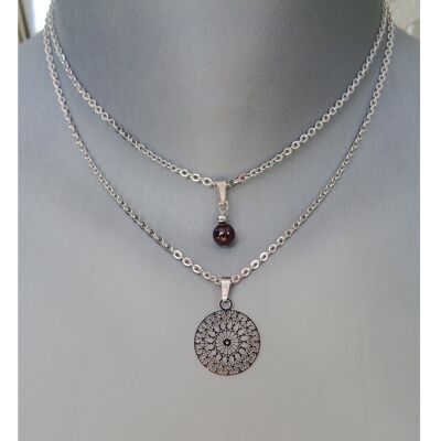 Delicate fine multi-row necklace with minimalist steel choker: genuine garnet, filigree print