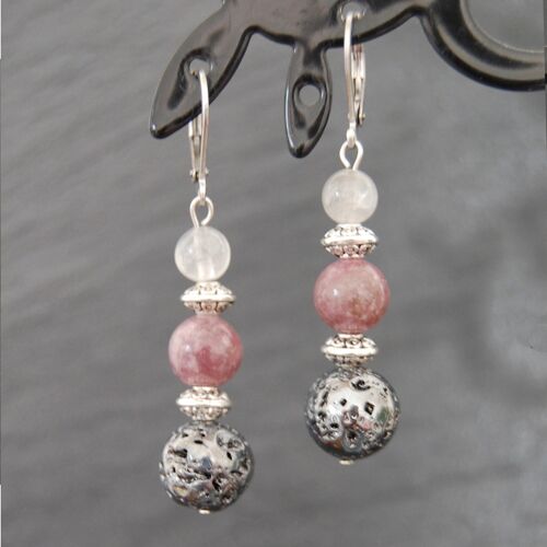 Boucles d'oreille lépidolite, pierre de lave et quartz rose