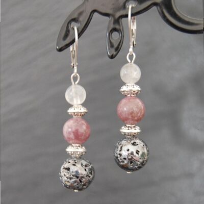 Lepidolite, lava stone and rose quartz earrings