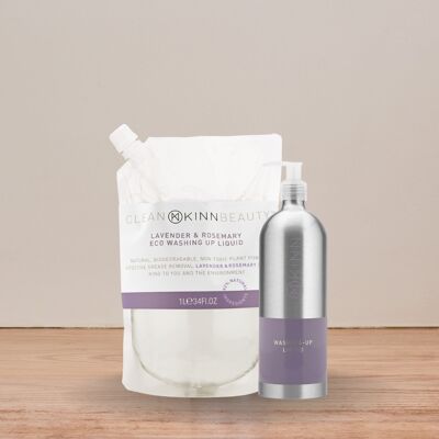 KINN ECO-FRIENDLY WASHING UP REFILL SET WITH KEEP-ME BOTTLE, LAVENDER & ROSEMARY - 1 Litre pouch