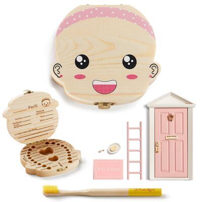( SPANISH ) CERTIFIED Baby teeth box and tooth Fairy door + Bamboo toothbrush + 11 accessories ( Rosa Nina Brush)