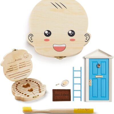 ( SPANISH ) CERTIFIED Baby teeth box and tooth Fairy door + Bamboo toothbrush + 11 accessories (Blue Child Brush)