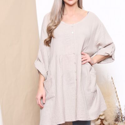 Beige rolled sleeve top with decorative buttons