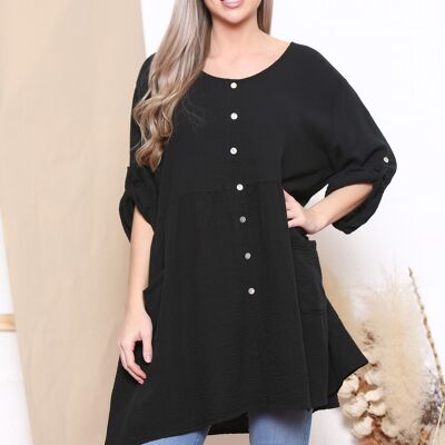 Black rolled sleeve top with decorative buttons