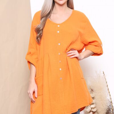 Orange rolled sleeve top with decorative buttons