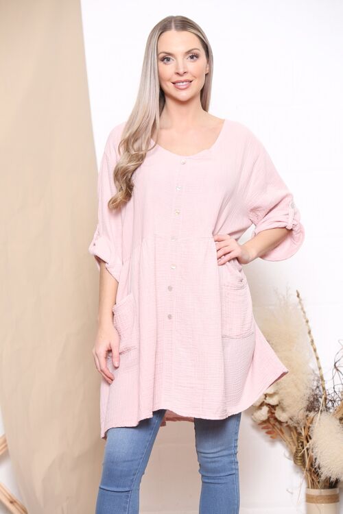 Pink rolled sleeve top with decorative buttons