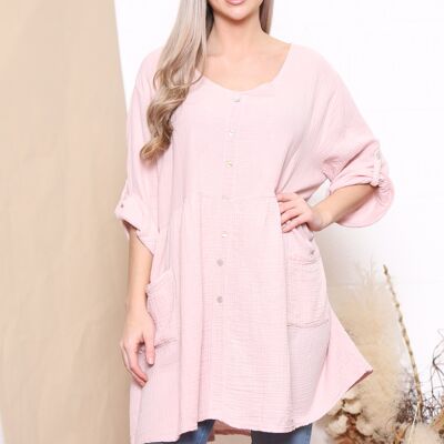 Pink rolled sleeve top with decorative buttons