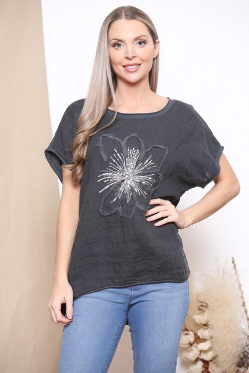 Charcoal grey Linen t-shirt with sequin flower