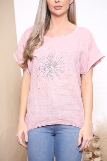 T-shirt en lin rose avec fleur à sequins 4