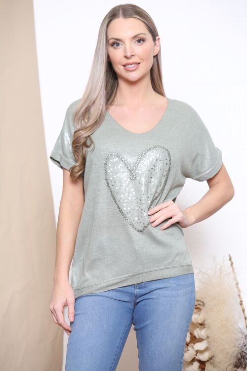 Khaki Green sequin heart shimmer t-shirt