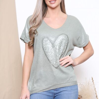Khaki Green sequin heart shimmer t-shirt