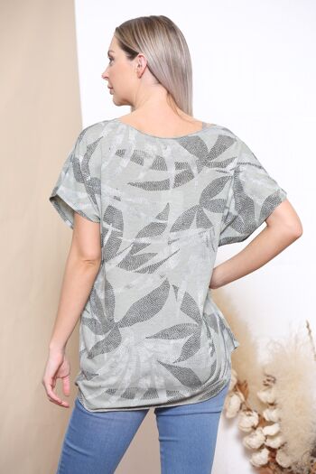 T-shirt coupe décontractée imprimé feuilles vert kaki 3
