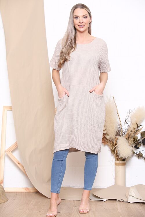 Beige waffle texture dress with pockets