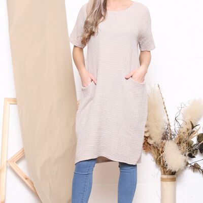 Beige waffle texture dress with pockets