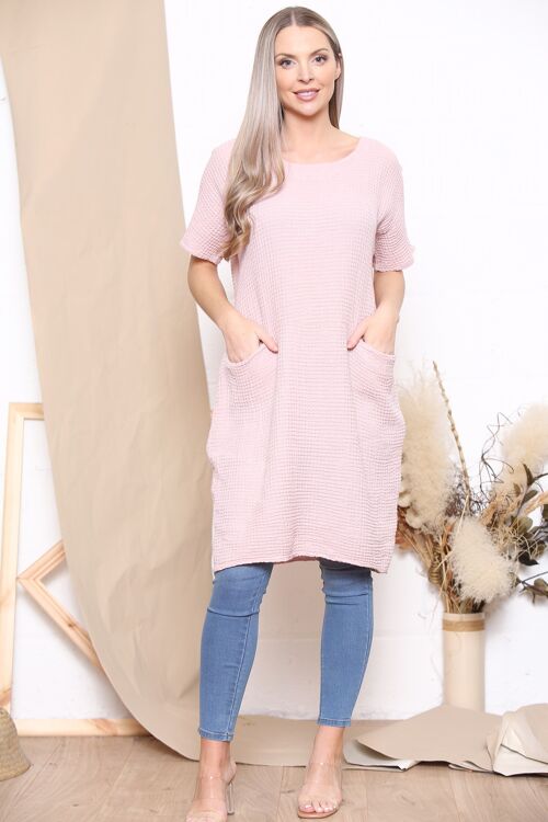 Pink waffle texture dress with pockets