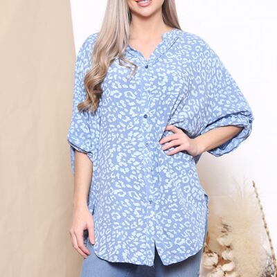 Denim blue  leopard print rolled sleeve blouse