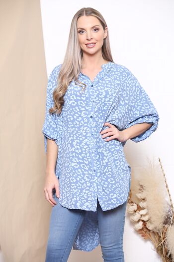 Blouse manches retroussées imprimé léopard bleu denim 1