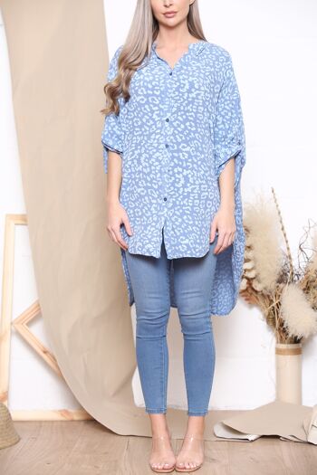 Blouse manches retroussées imprimé léopard bleu denim 4