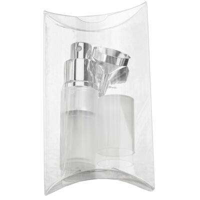 Taschenzerstäuber transparent weiß für 8 ml + Trichter silber in Geschenkpackung