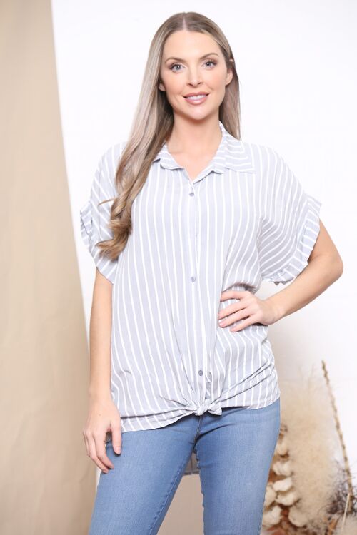 Grey striped button up short sleeve blouse