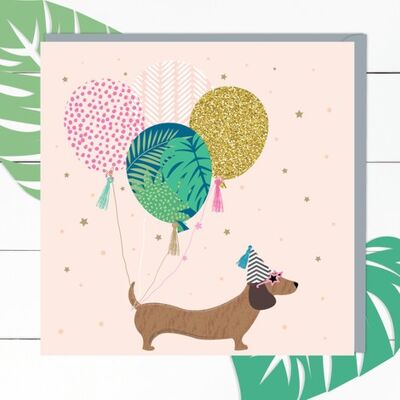 Sausage Dog with Balloons Card