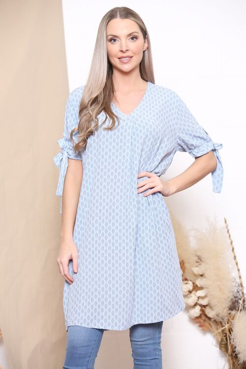 Light blue patterned v neck dress with bow sleeves