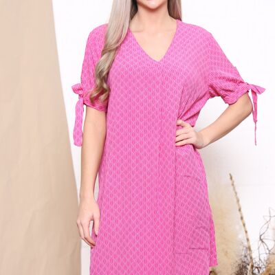 Fuchsia patterned v neck dress with bow sleeves