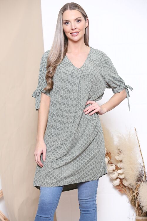 Khaki green patterned v neck dress with bow sleeves