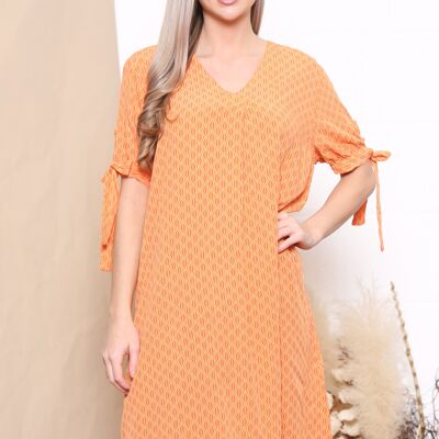 Orange patterned v neck dress with bow sleeves