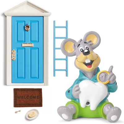 ( SPANISH - FRANÇAISE - ITALIANO ) Tooth Fairy Door and Original Piggy Bank for Children Magic Tooth Fairy Door That Opens with 6 Accessories + Greeting Card (Blue)