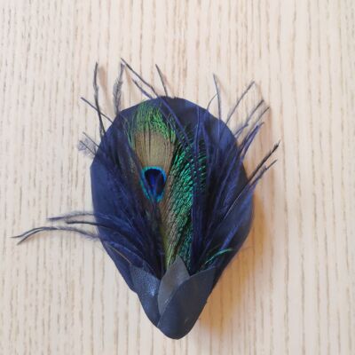 navy feather and peacock feather clip, hair clip, brooch, mother's day jewelry, fashion accessories, colorful jewelry