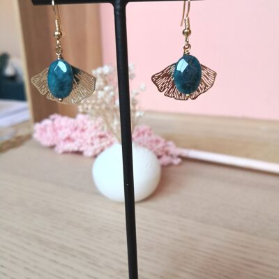 Pendientes GINKO dorados con oro fino y jade, espíritu de la naturaleza y joyas con piedras naturales. pato azul.