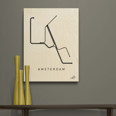 Amsterdam metro map as minimal industrial art on wood for home decoration 60 × 80 cm