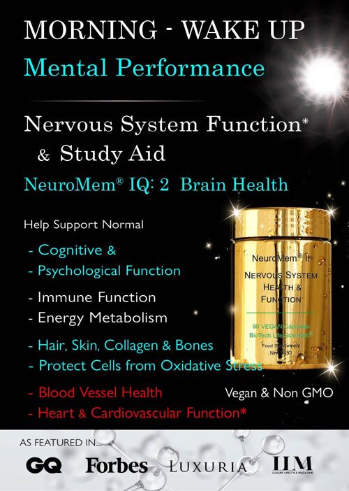 IQ2 Brain Nervous System Health - Help Mental Performance, Cognitive & Psychological Function : NeuroMem® IQ 2 : XL 90 capsules