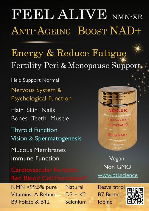 FEEL ALIVE: NMN-XR 90s Increase Energy & Reduce Fatigue, Support Fertility Menopause & Anti-Ageing: NMN, Resveratrol Vit A Retinol D3 K2 B7 Biotin B9 Folate B12 Selenium Iodine: XL 90 Capsules