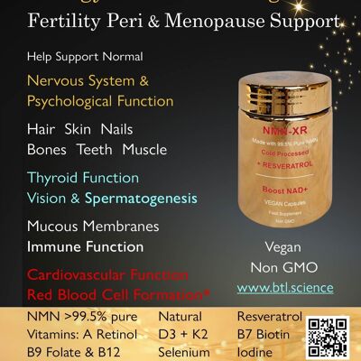 SIÉNTETE VIVO: NMN-XR 90s Aumenta la energía y reduce la fatiga, apoya la fertilidad Menopausia y antienvejecimiento: NMN, Resveratrol Vit A Retinol D3 K2 B7 Biotina B9 Folato B12 Selenio Yodo: XL 90 Cápsulas