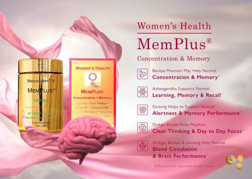 Women MEMORY PLUS - Memory Concentration & Energy + Adaptogens - Herbal  XL 90 capsules