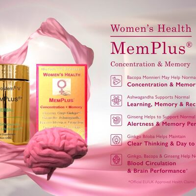 Frauen MEMORY PLUS - Gedächtniskonzentration & Energie + Adaptogene - Herbal XL 90 Kapseln