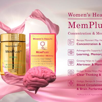 Supplément ménopause : MemPlus® - Aide à la mémoire et à la concentration - À base de plantes - Coffret cadeau pour la santé du cerveau des femmes (4 produits)