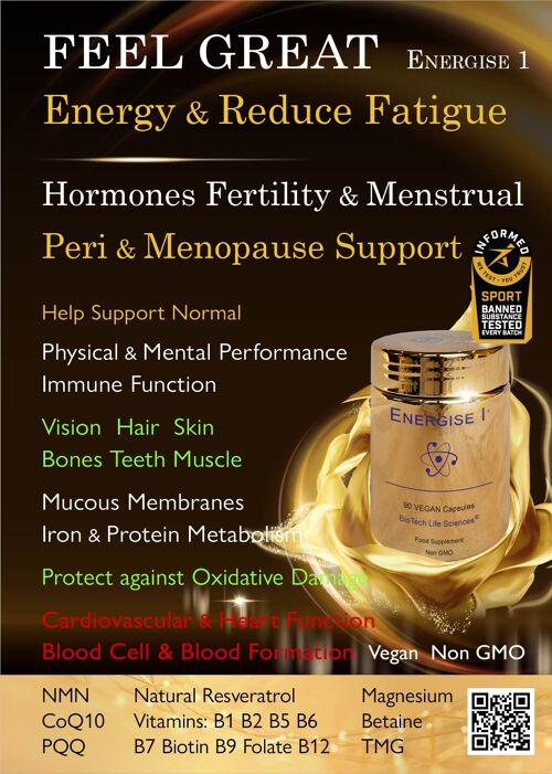 FEEL GREAT - Energise 1  NMN 45s Increase Energy, Hair Colour & Thickness, Fertility & Menopause Support, Help Nervous System & Immune Function : 45 capsules