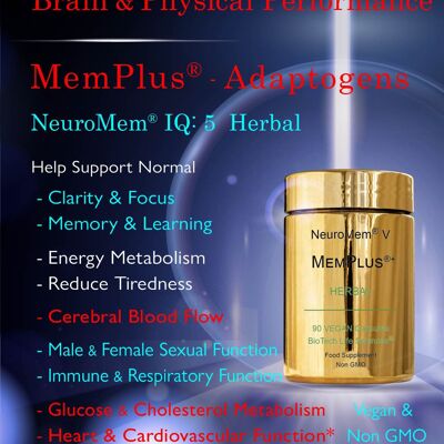 IQ5 Memory Clarity Focus Konzentration & Adaptogene - Kräuter, Ashwagandha Ginseng Ginkgo Biloba, Bacopa Monnieri, Boswellia Seratta, Lions Mane Cats Claw, Naringin Polyphenol: NeuroMem® IQ 5 MemPlus® : XL 90 Kapseln