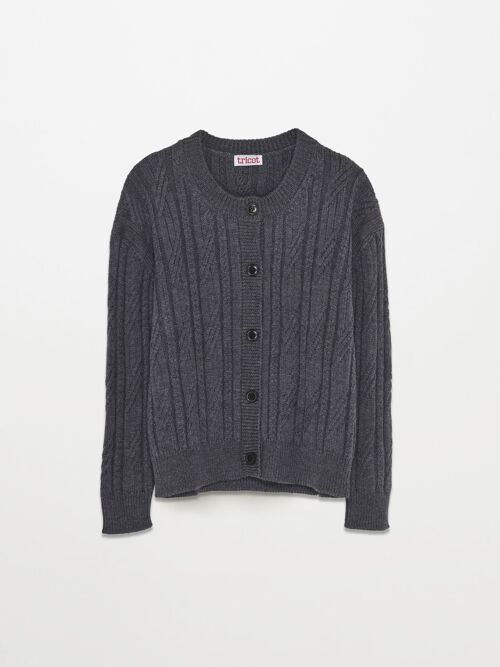 Cable Knit Wool Cardigan , Gris