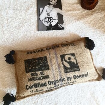 Coussin de sol en sac de cafe toile de jute recyclee mexico organic coffee 1