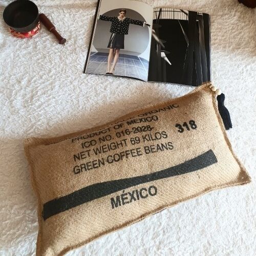 Coussin de sol en sac de cafe toile de jute recyclee mexique green coffee