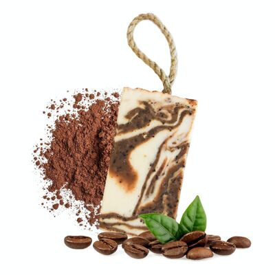 Cremige Kaffeeseife an einer Schnur – Peeling – 100 g palmenfreie Kaltprozessseife – handgefertigt in Großbritannien – Versand am selben Tag – veganfreundlich – Seife mit ätherischen Ölen