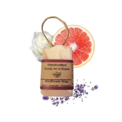 Wildflower Wisp Soap On A Rope - Rose, Lavender and Grapefruit - 100g Palm Free Cold Process Soap - Handcrafted in the UK - Same day dispatch - Vegan Friendly - Essential oil soap