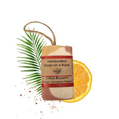 Jabón de flor de cítricos con cuerda - Limón, naranja, hierba de limón - 100 g de jabón de proceso en frío sin palma - Hecho a mano en el Reino Unido - Envío el mismo día - Apto para veganos - Jabón de aceite esencial