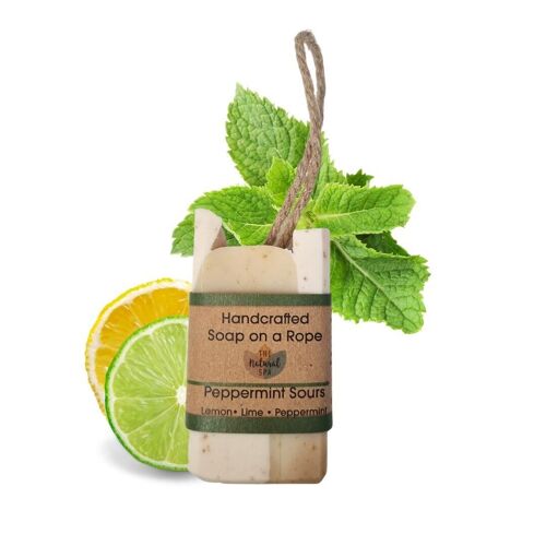 Peppermint Sours Soap on a rope - Lemon, Lime and Peppermint - 100g Palm Free Cold Process Soap - Handcrafted in the UK - Same day dispatch - Vegan Friendly - Essential oil soap