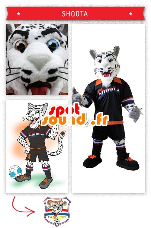 Costume de mascotte personnalisable de tigre blanc et noir avec son habit de footballeur.